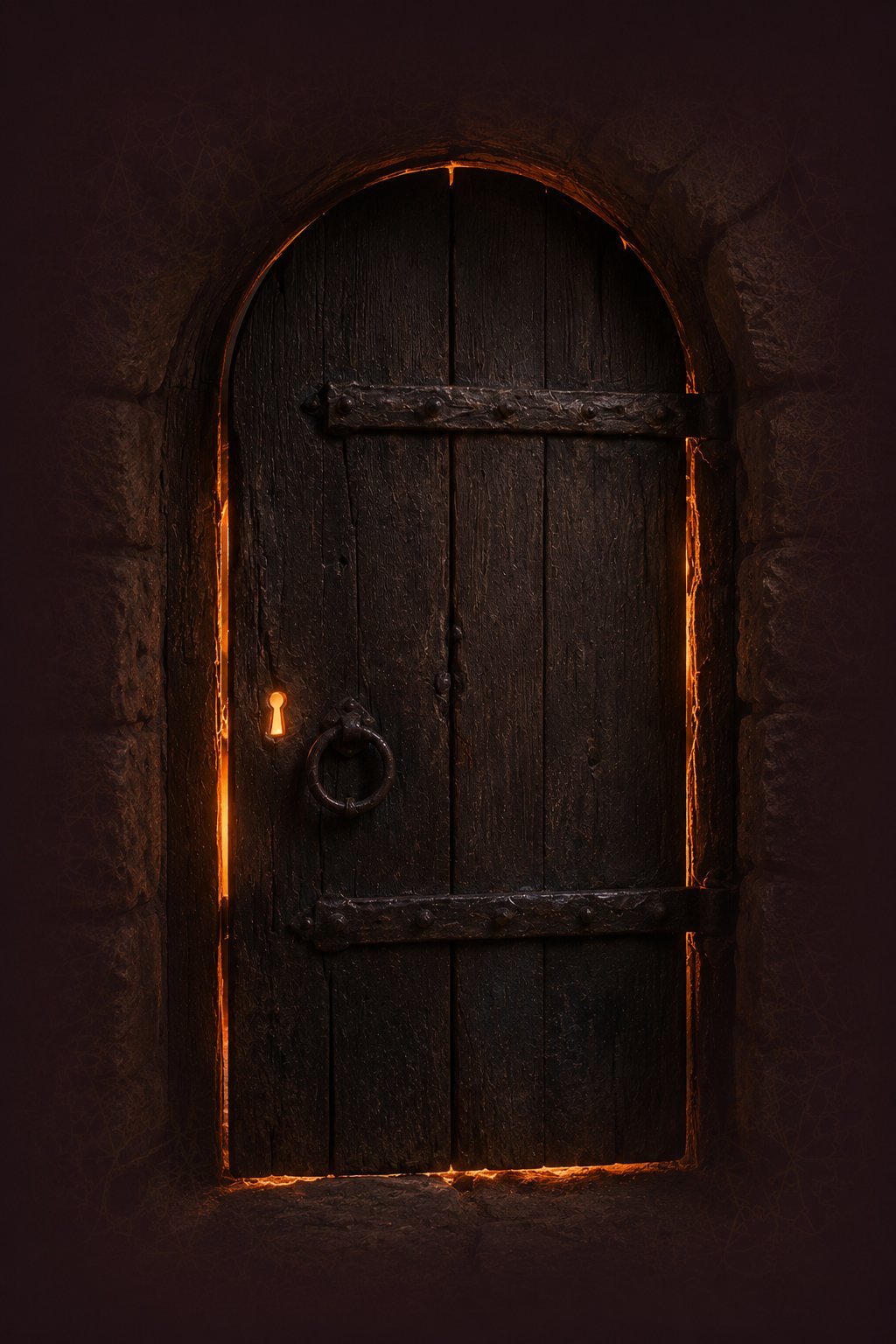 An ancient arched door with candlelight glowing through the gaps